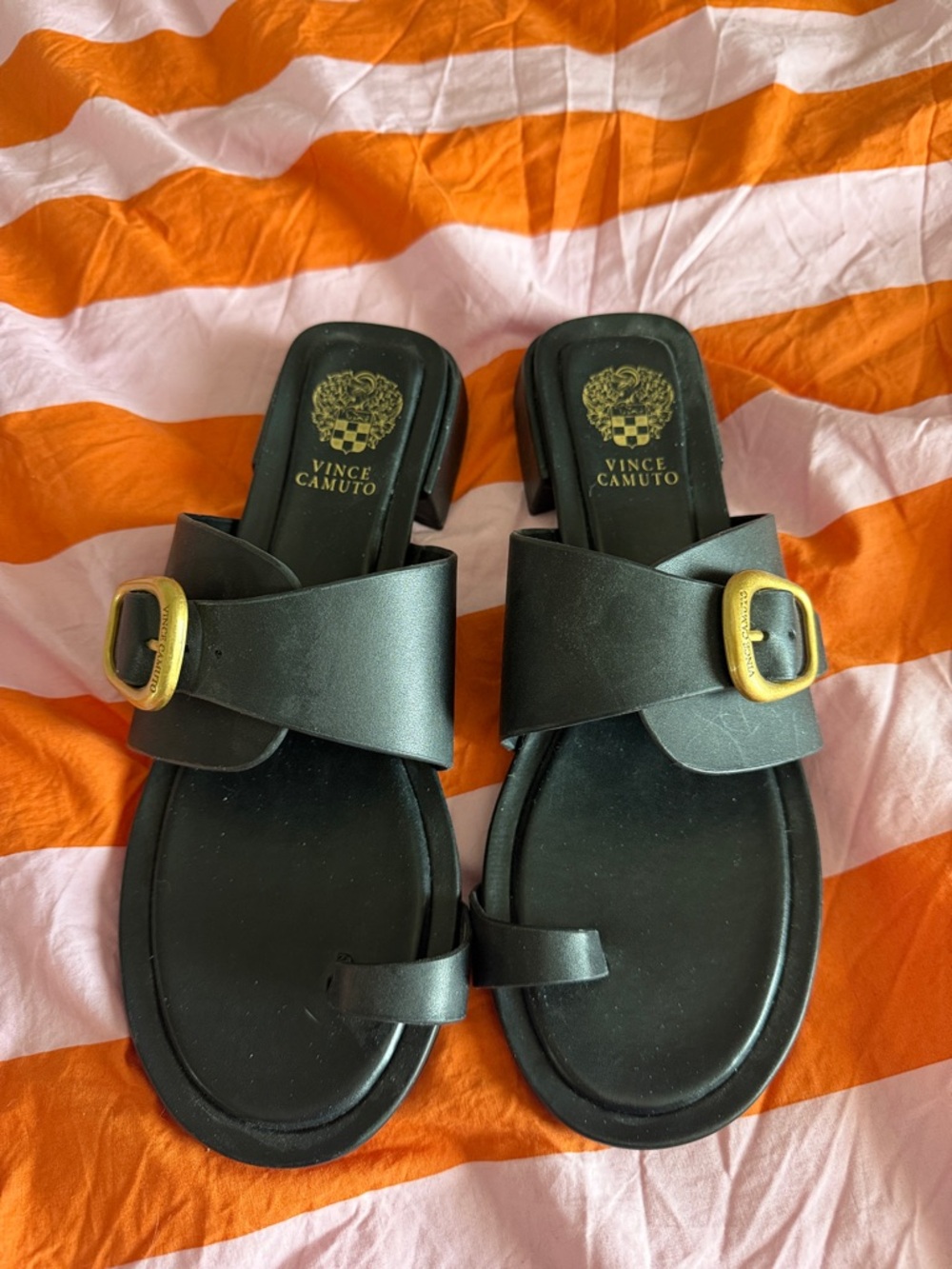 Vince Camuto Black Leather Slide Sandals with Gold Buckles and Toe Loop